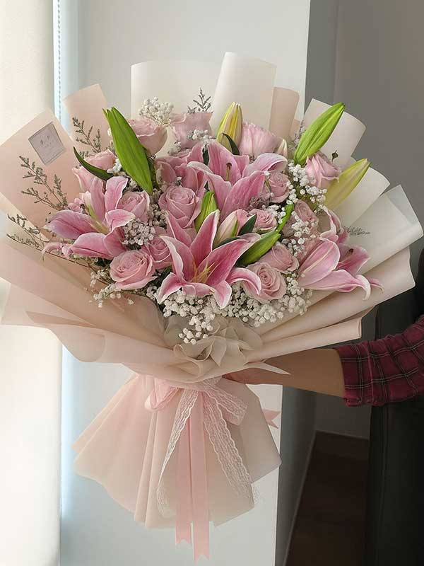 Premium Pink Lily & Rose Lace Bouquet