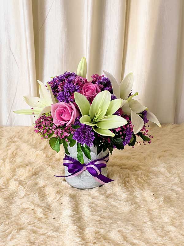 Pink Rose & Lily Glass Vase