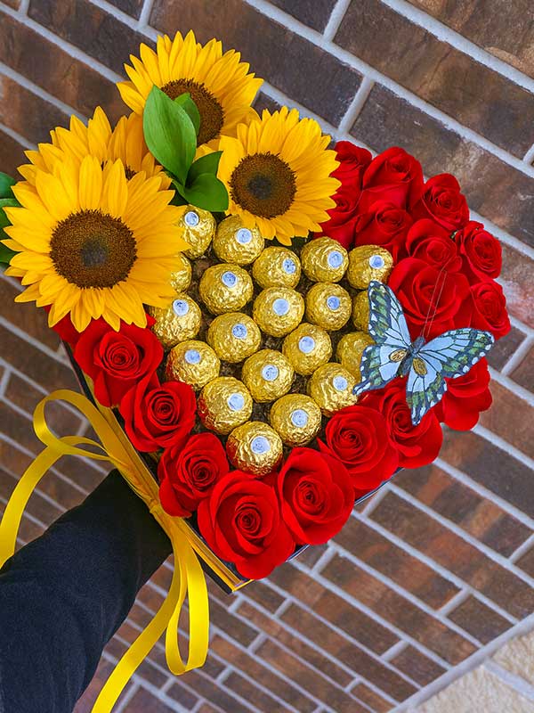 18 Roses, Sunflowers & Chocolates Heart Box